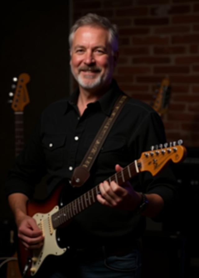 Senior guitar instructor holding acoustic guitar in a New York studio
