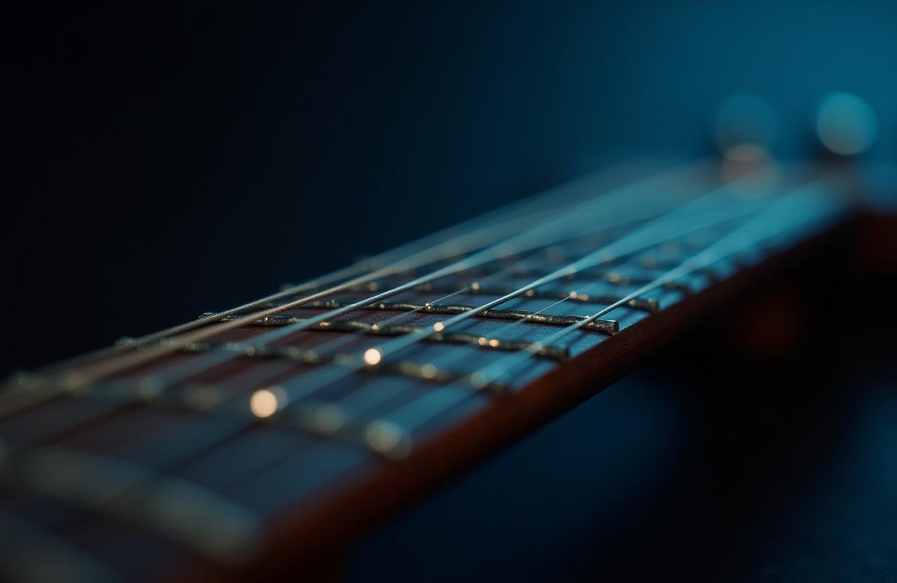 Close up of high-tension acoustic guitar strings on a dark wood fretboard