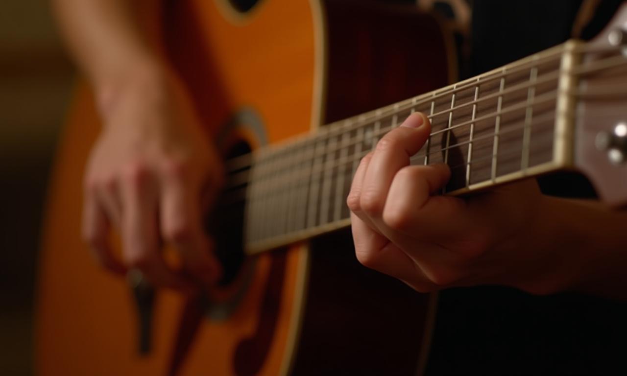 Close up of guitar fretboard with hands forming a chord