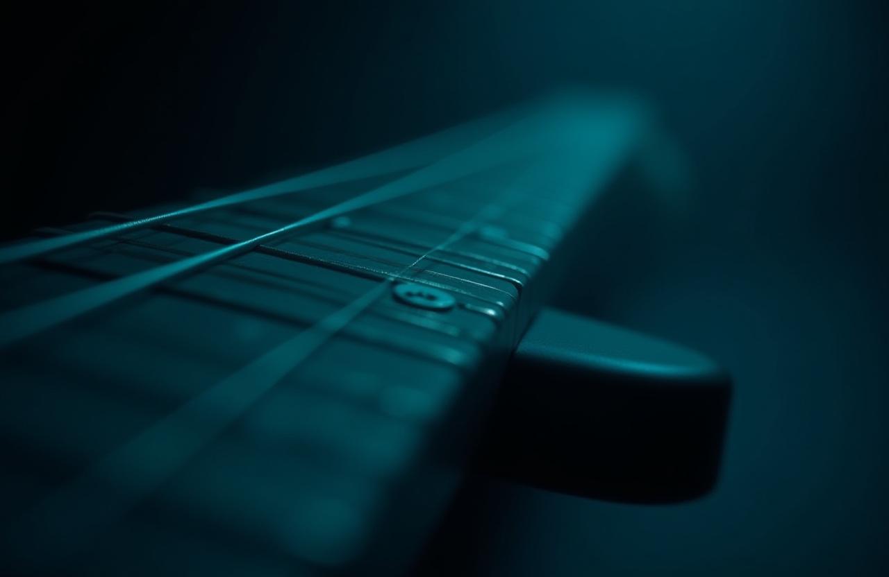 Close up of guitar fretboard with musician lighting