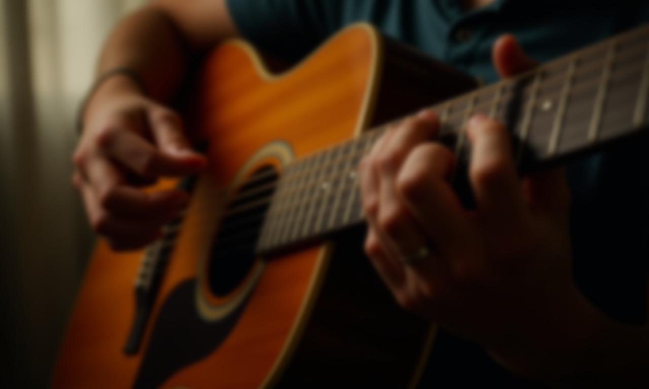 Close up of guitar strings and hands